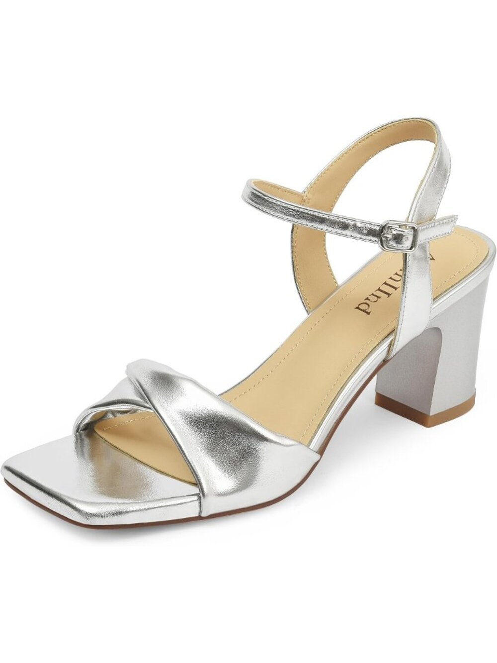 Women's Silver Square Open Toe Chunky Strappy Ankle Strap Low Heel Heeled Sandal